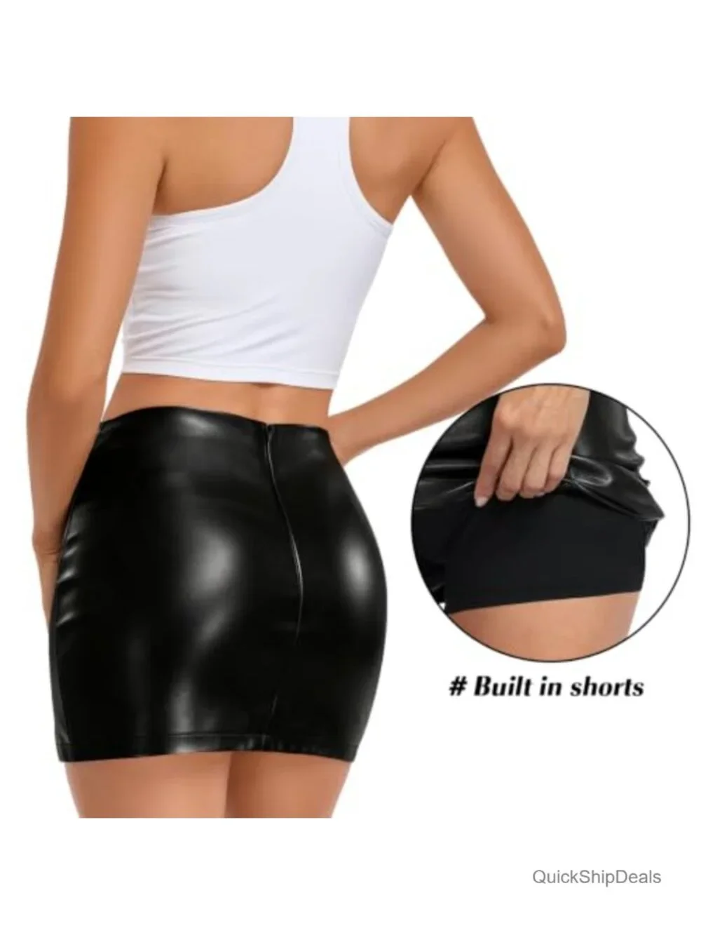 High Waisted Faux Leather Skort with Side Slit, Bodycon Mini